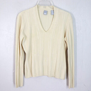 Vintage Cullen Top M Cream Ribbed Iridescent Beaded Vneck Long Sleeve Pullover